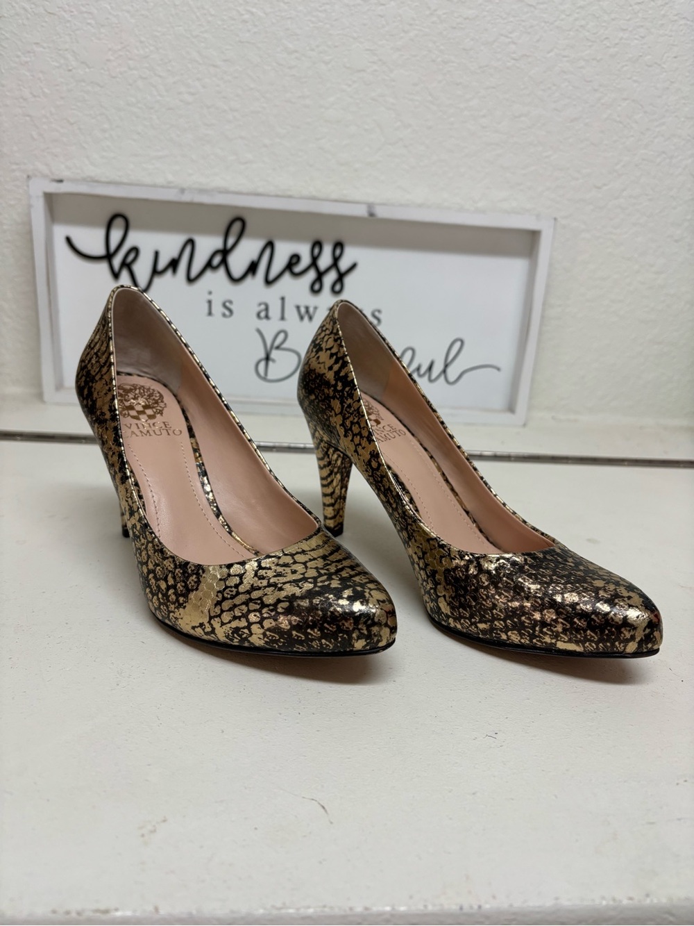 Vince Camuto Metallic Snake-Print Pumps in Gold and Black